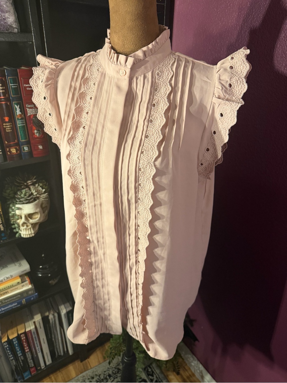 Sleeveless soft Pink Lace-Trim Ruffled button up Top- Ann Taylor
